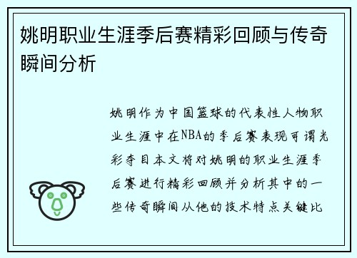 姚明职业生涯季后赛精彩回顾与传奇瞬间分析