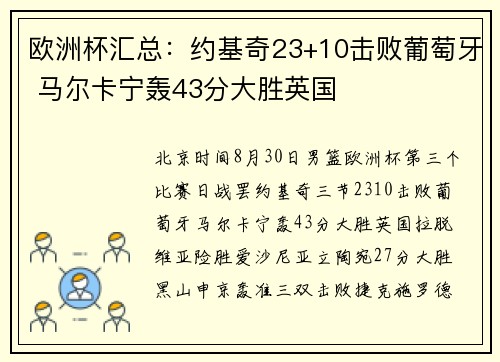欧洲杯汇总:约基奇23+10击败葡萄牙 马尔卡宁轰43分大胜英国